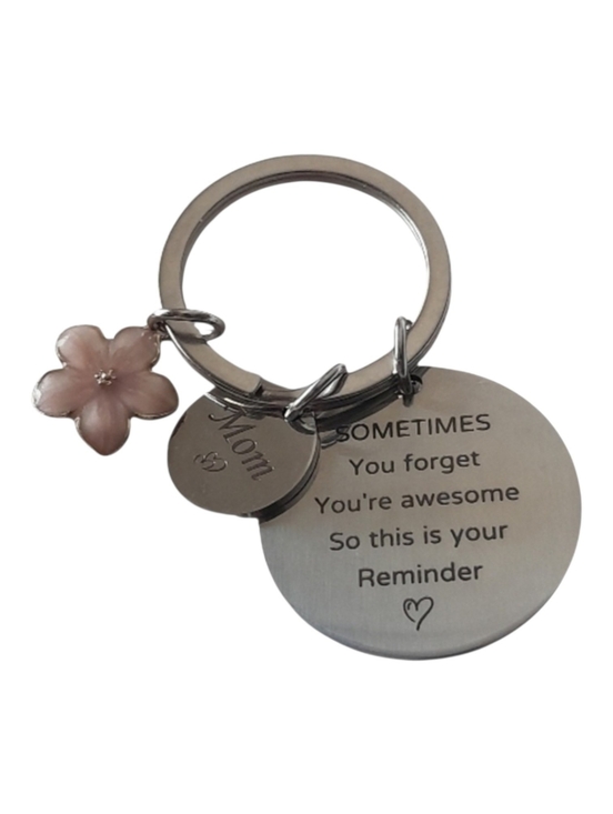 Accessories - Engraved Silver Mom Keychain with Pink Charm Mother's Day